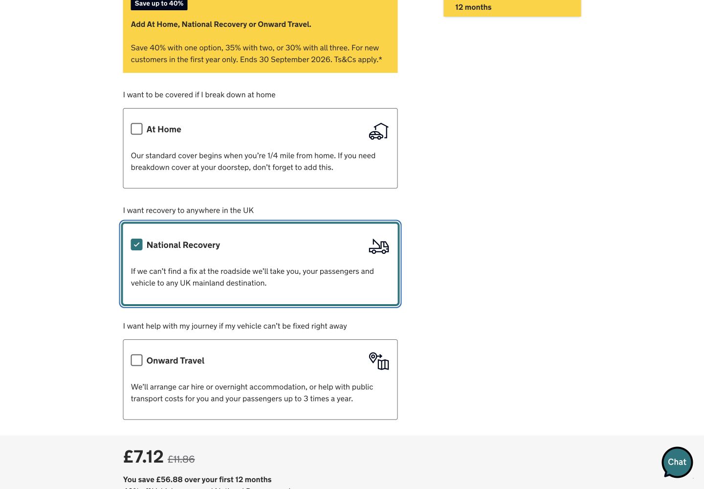 The AA quote with National Recovery selected and a price of £7.12 a month