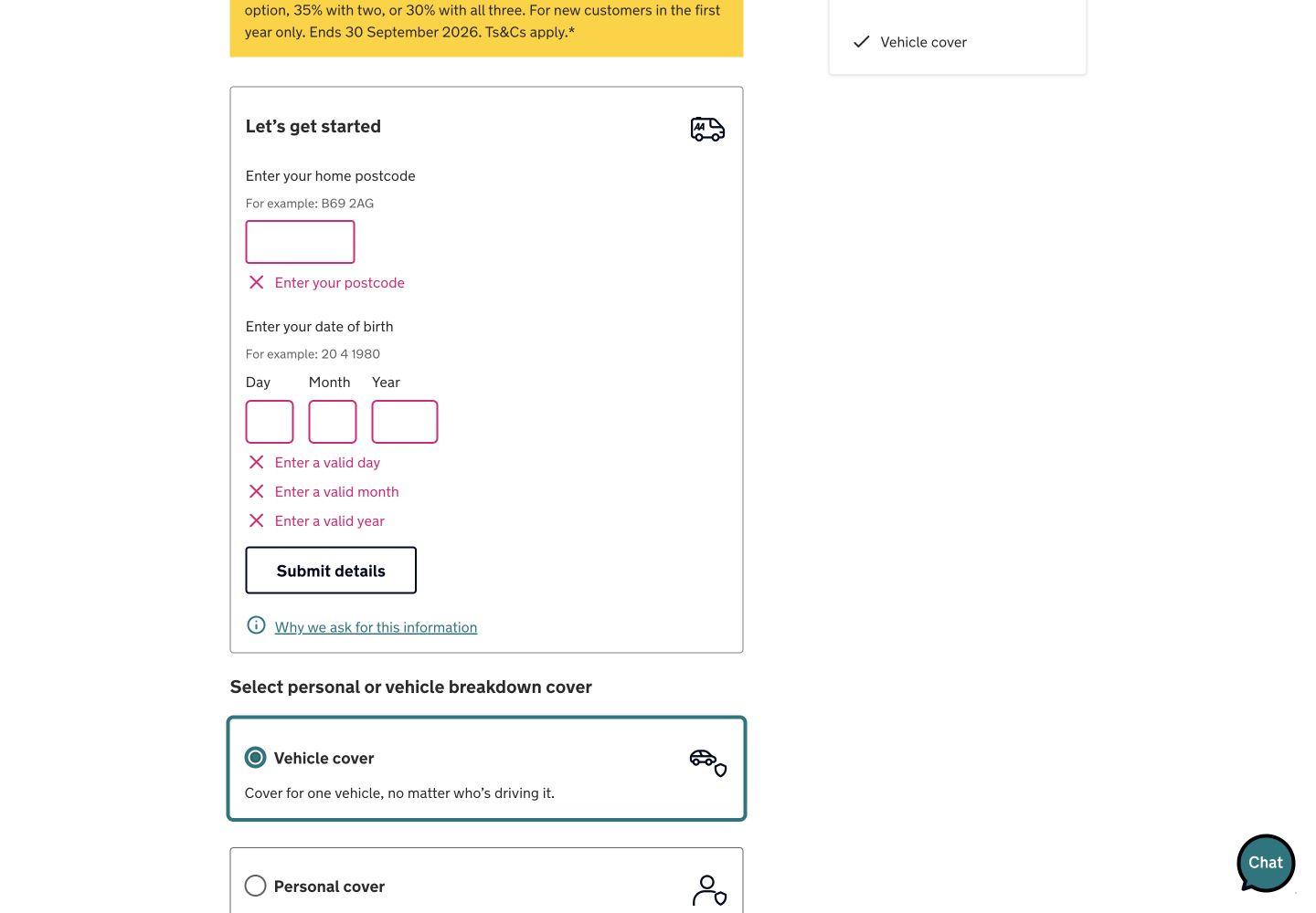 The AA quote form showing required messages for postcode and date of birth