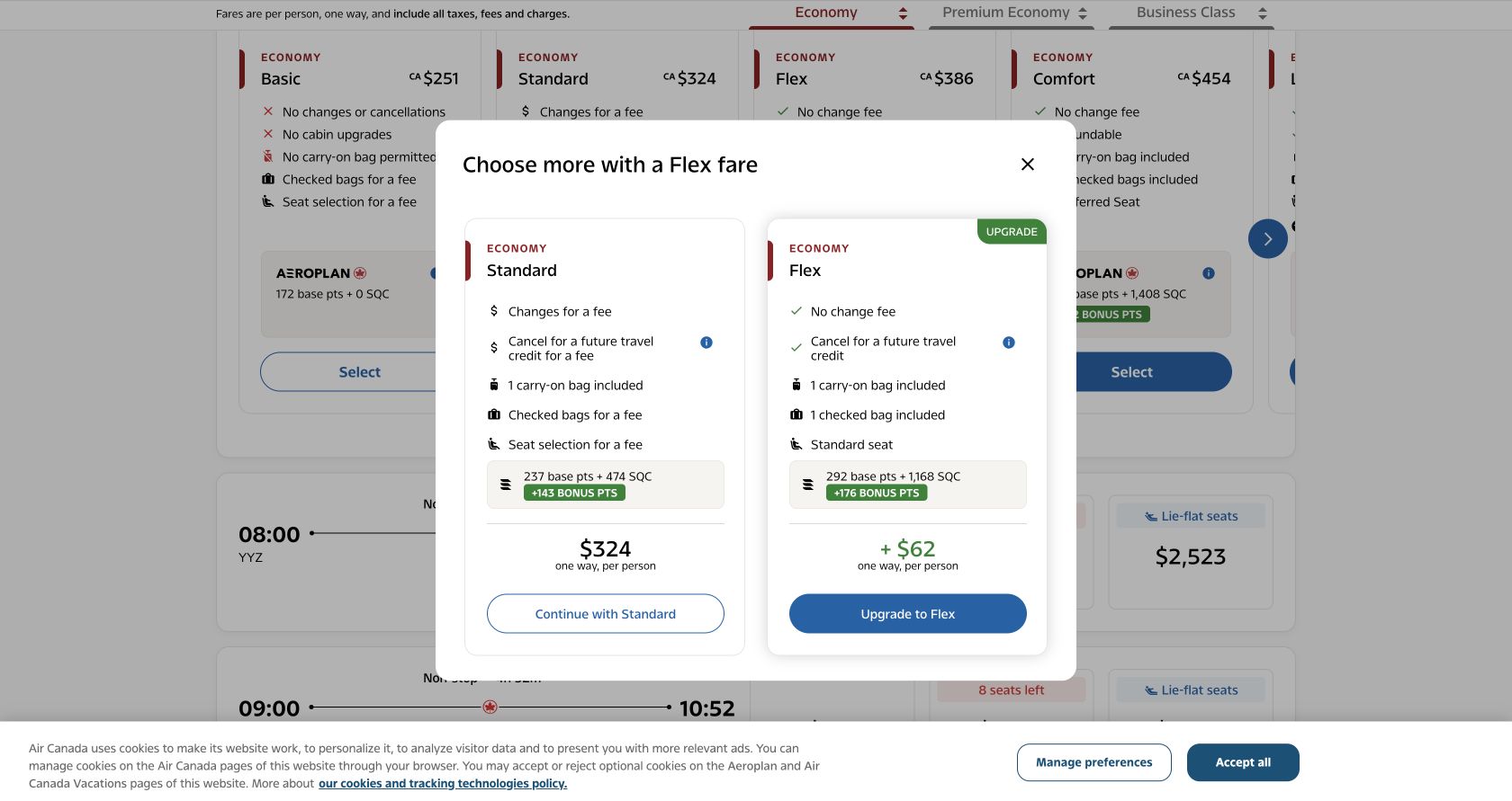 Air Canada fare comparison showing Basic, Standard and Flex conditions for a Toronto to Vancouver flight