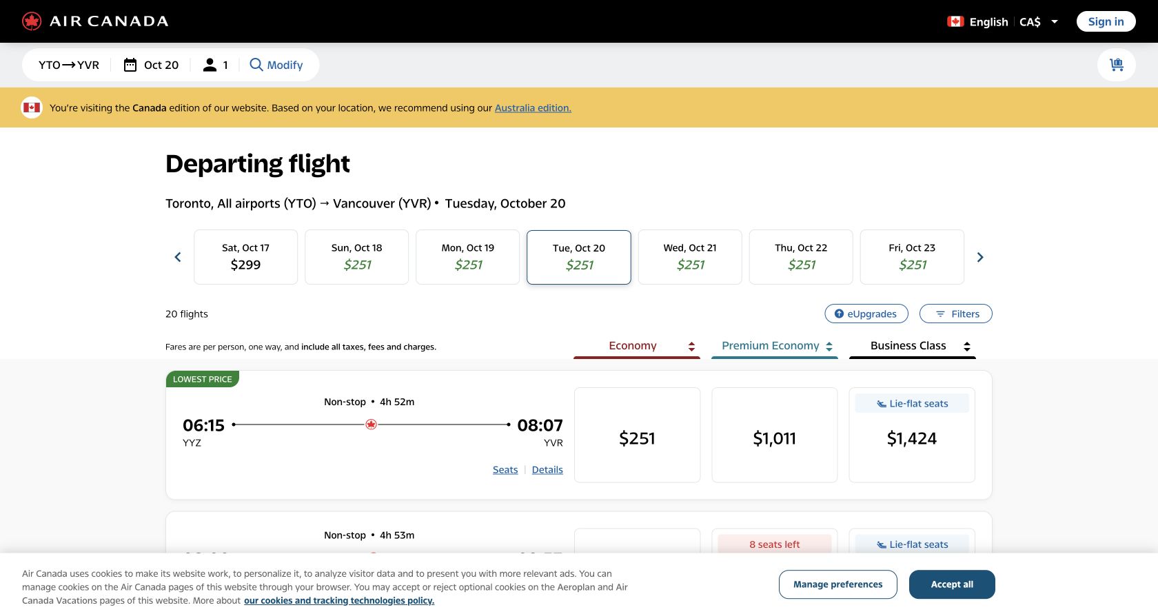 Air Canada Toronto to Vancouver results showing twenty flights and tax-inclusive prices