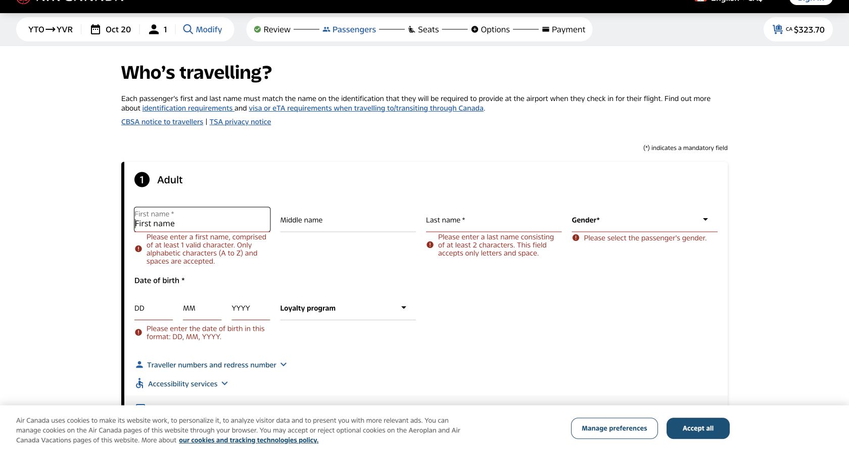 Air Canada passenger form with specific inline errors for missing name, gender, date of birth, email and phone details