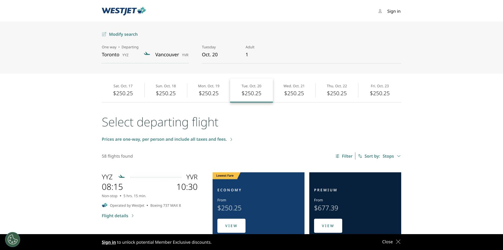 WestJet Toronto to Vancouver results showing a long list of flight options and one-way prices including taxes and fees