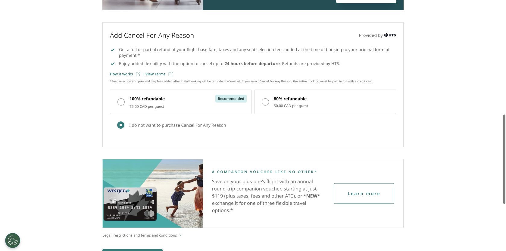 WestJet trip summary showing the Econo fare and required cancellation-cover choices before continuing
