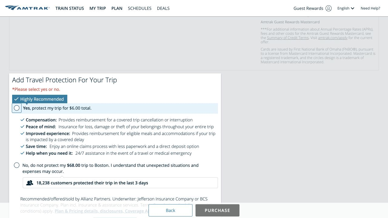 Amtrak travel protection dialog with Highly Recommended on the yes choice and warning language on the no choice