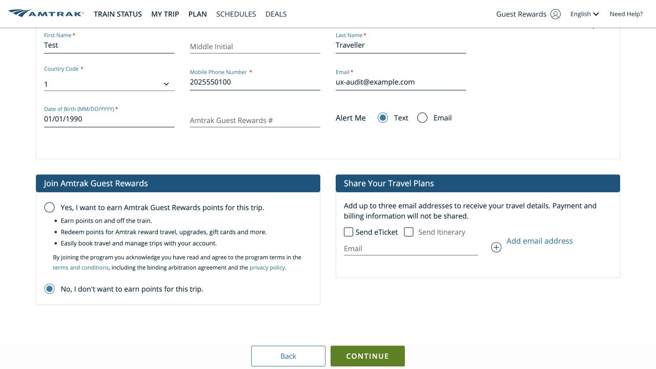 Amtrak traveller form showing Guest Rewards choices and two Share Your Travel Plans checkboxes