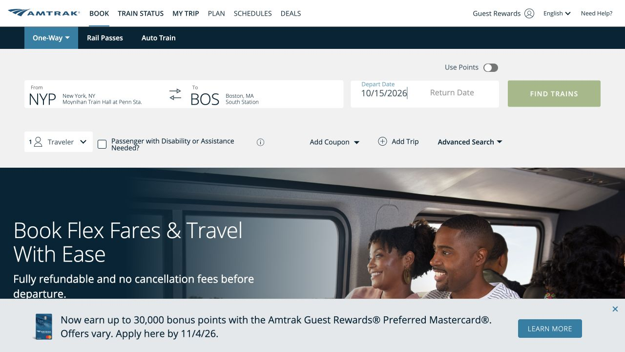 Amtrak search form showing a one-way trip from New York Penn Station to Boston South Station on 15 October 2026
