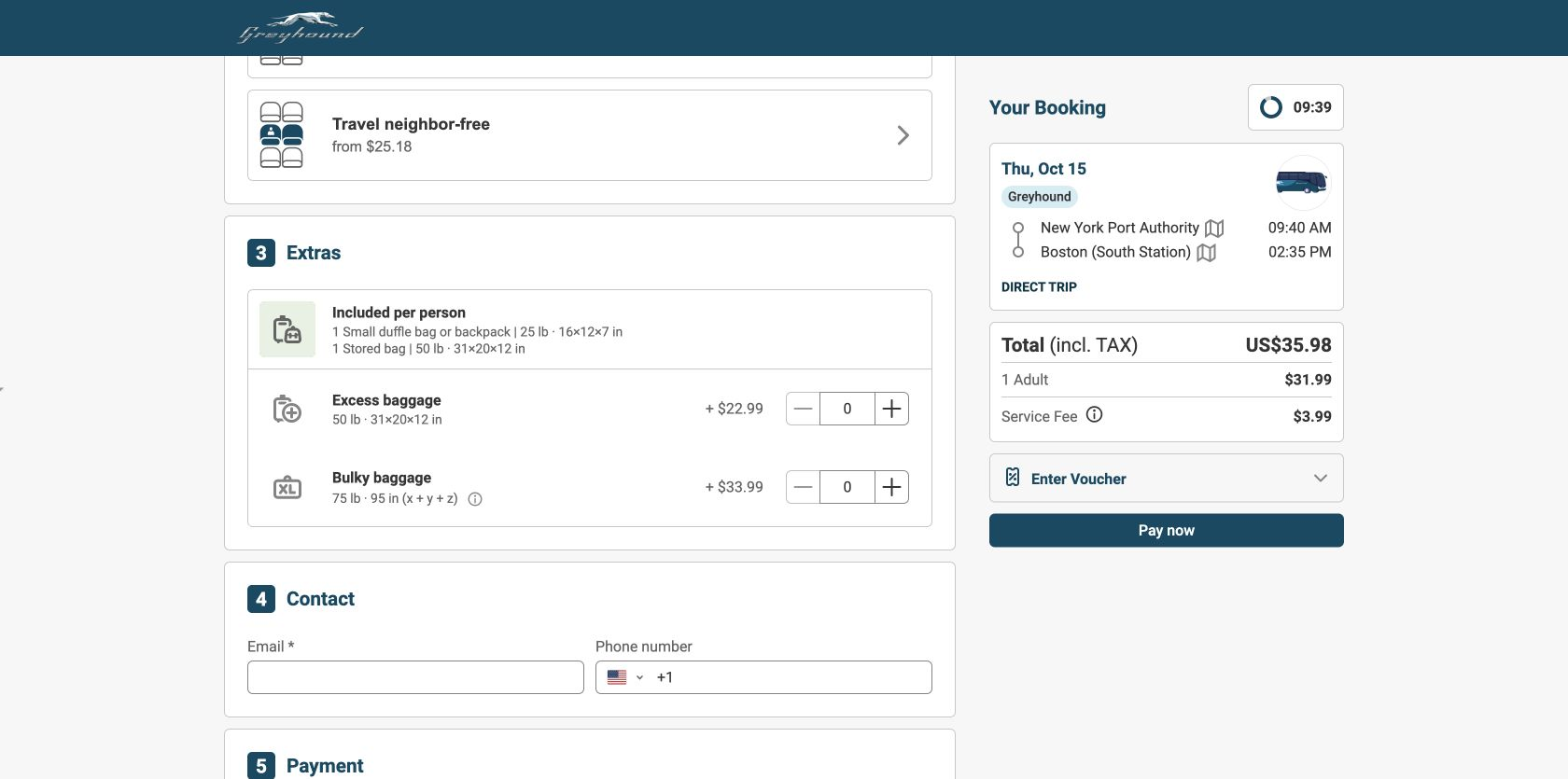 Greyhound checkout showing included baggage, optional extras, contact fields and a $35.98 total including a $3.99 service fee