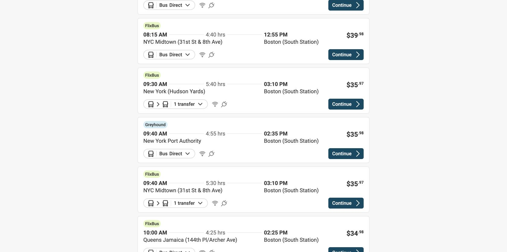 Greyhound results listing New York to Boston trips with departure times, terminals, transfers, prices and repeated Continue buttons