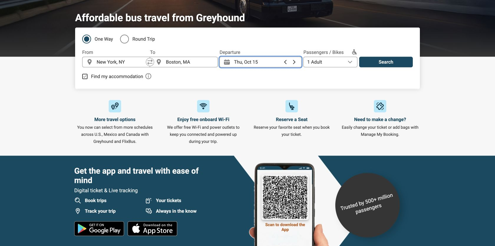 Greyhound search form for New York to Boston with the Find my accommodation checkbox selected