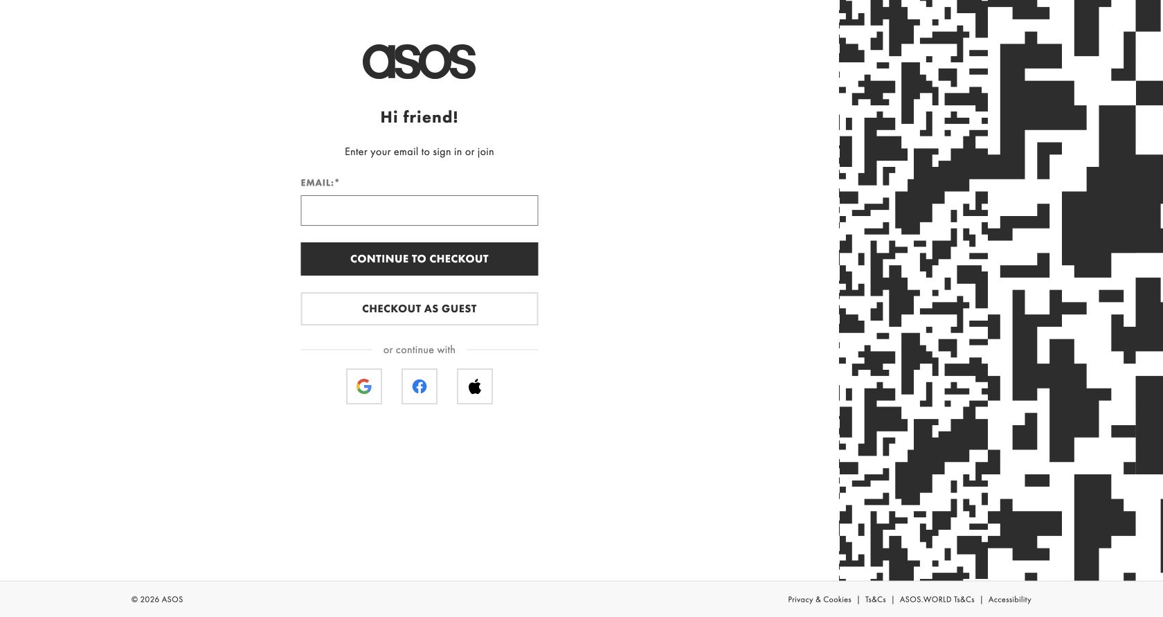 ASOS checkout entry asking for email and offering checkout as guest alongside account sign-in options