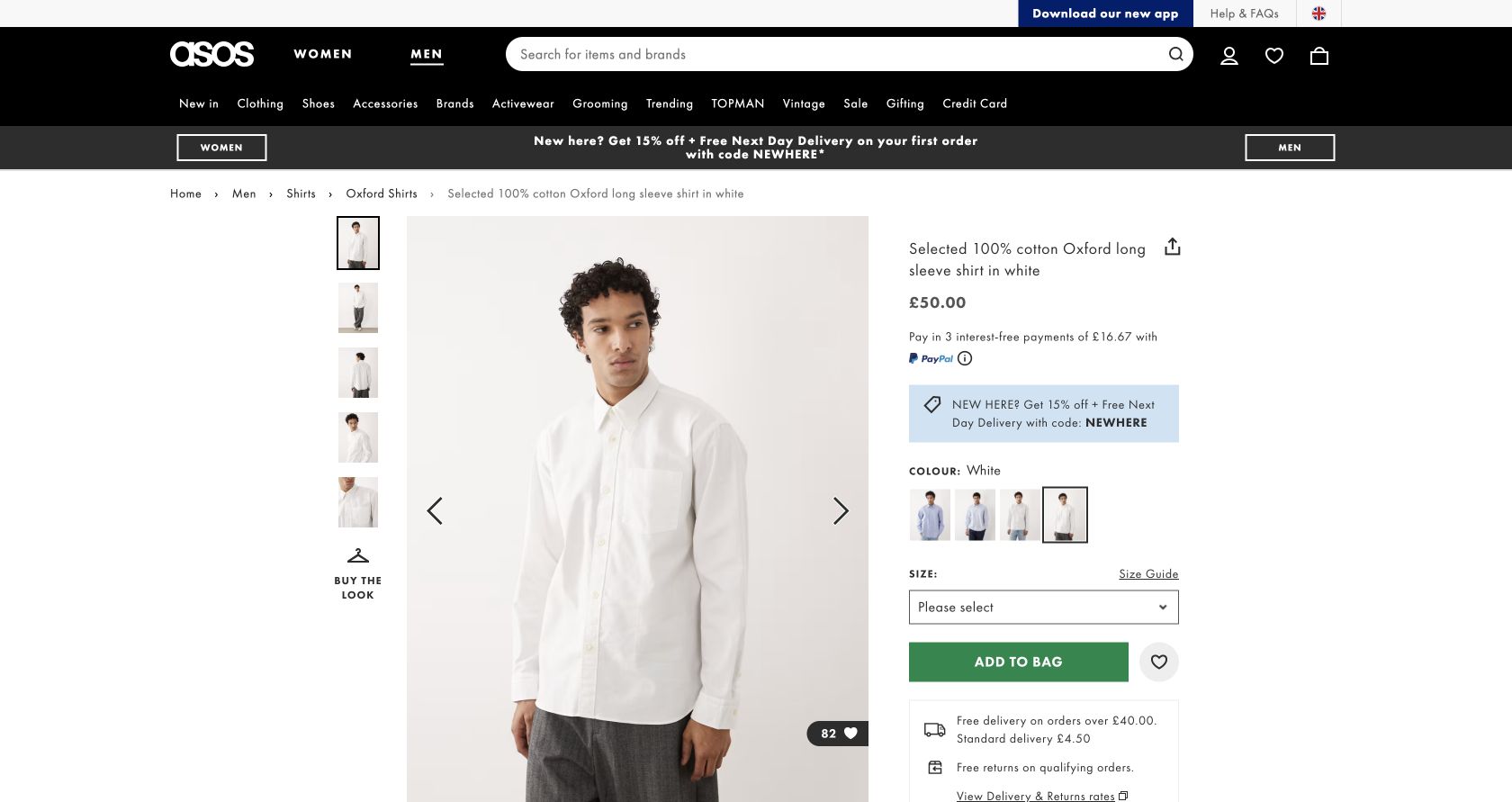 ASOS Selected white 100% cotton Oxford shirt page showing the £50 price, Medium size and delivery message