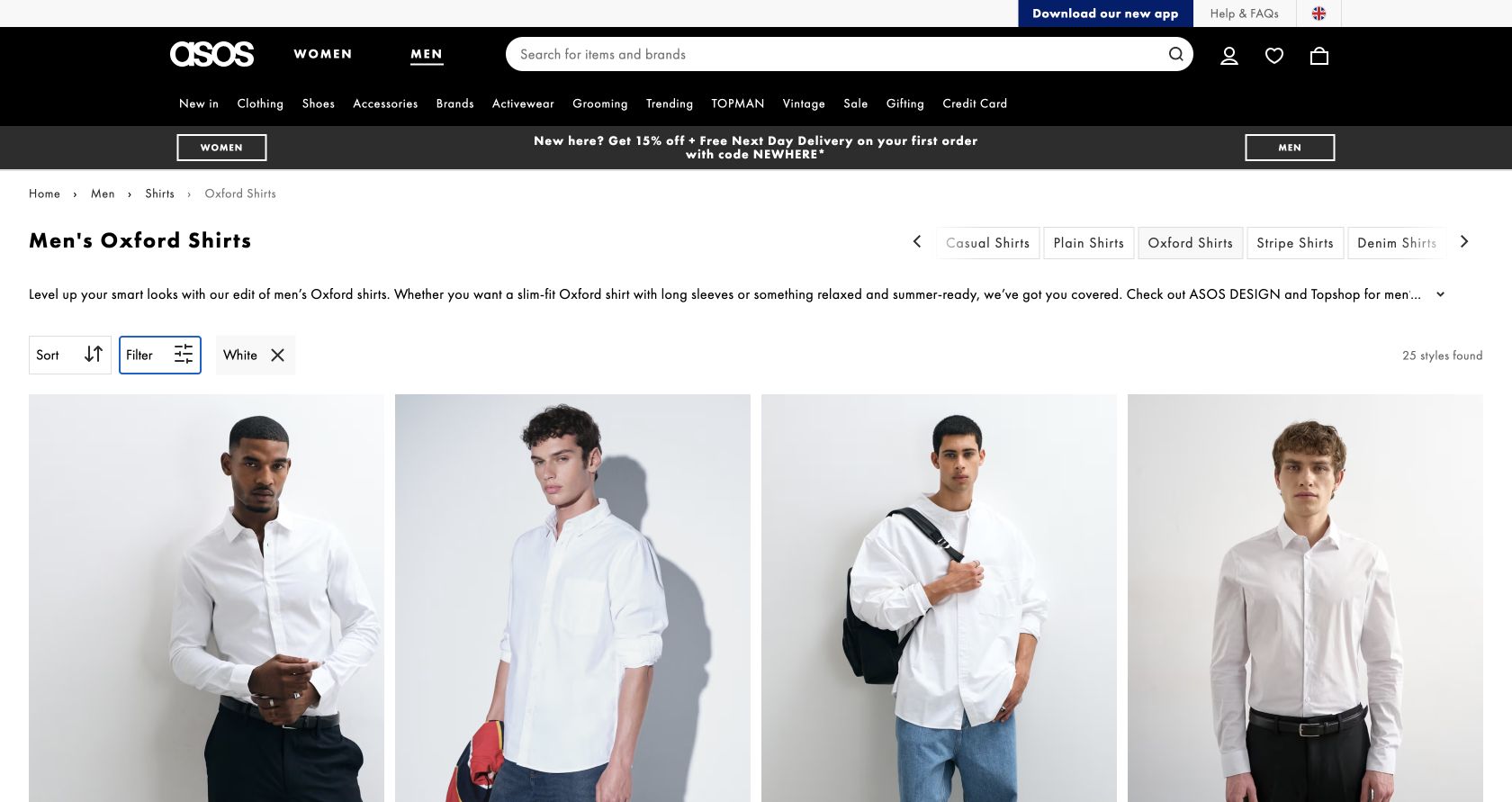 ASOS men’s white Oxford shirt results showing 25 styles and a selected 100% cotton option