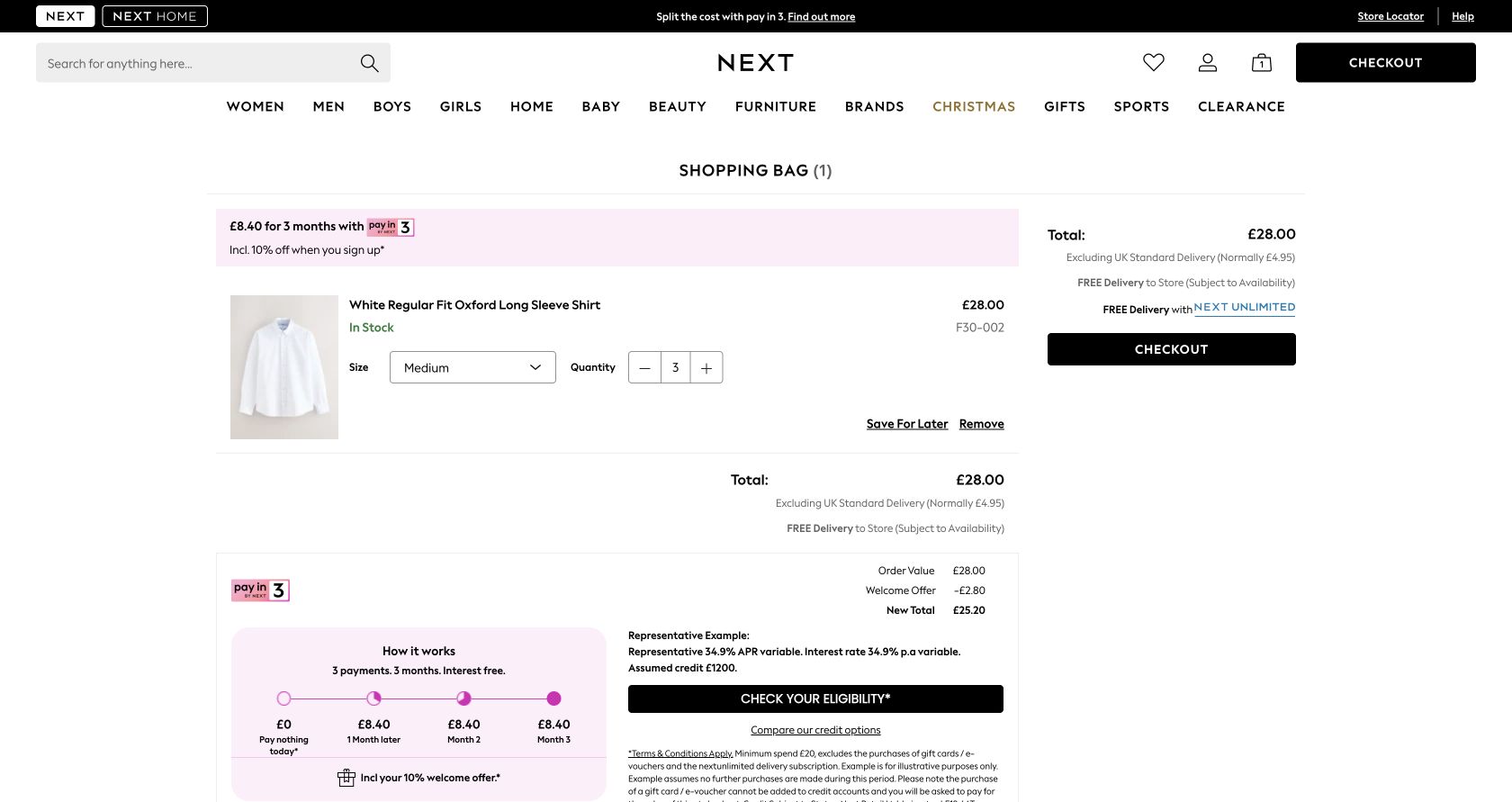 Next shopping bag after quantity was corrected to one, retaining Medium and returning the item total to £28