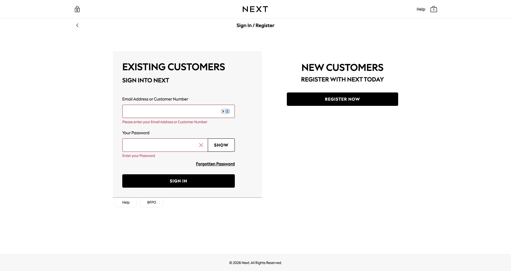 Next sign-in page showing required-field messages for missing email or customer number and password