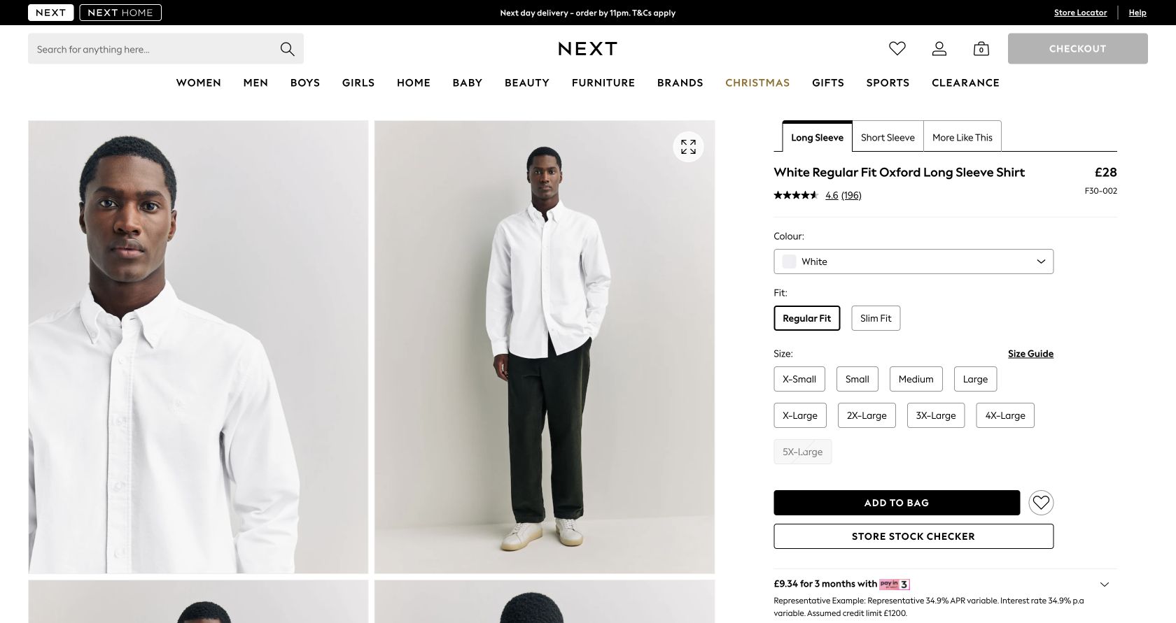 Next white regular-fit Oxford shirt product page showing the £28 price, fit choices and sizes including Medium