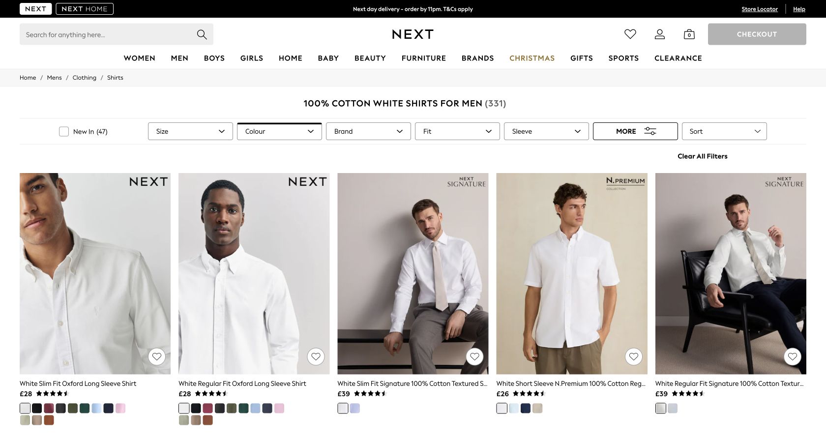 Next UK white 100% cotton men’s shirt results showing Oxford, formal and textured options