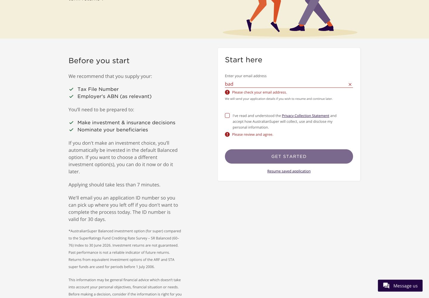 AustralianSuper join start showing a specific malformed email message and privacy acknowledgement error