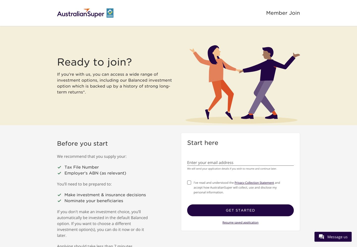 AustralianSuper join start explaining the default Balanced investment option, information to prepare and email start field