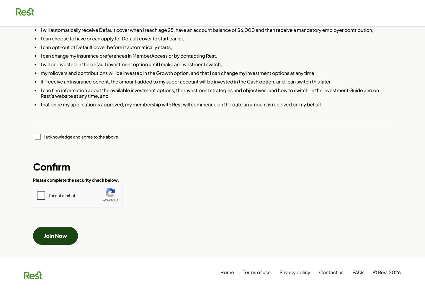 Rest application confirmation area explaining that contributions default to the Growth investment option