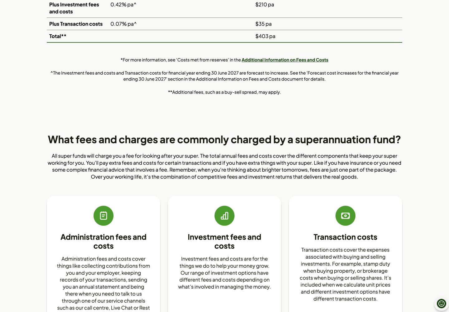 Rest super fee page showing a total annual fee example and explanations of administration, investment and transaction costs