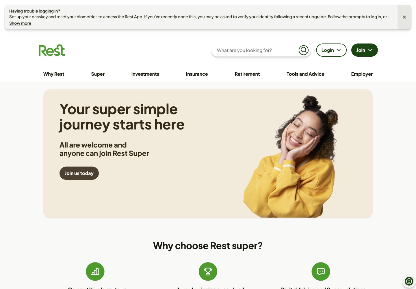 Rest join page headed Your super simple journey starts here with a Join us today link and promotional reasons to choose Rest