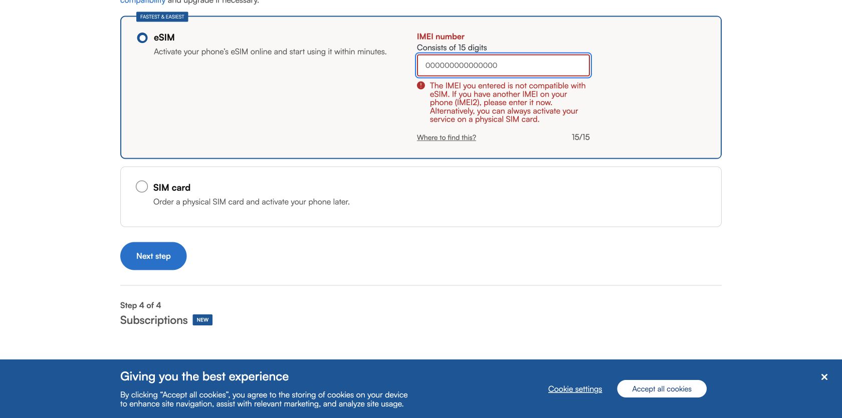 Bell eSIM step showing an incompatible IMEI error with IMEI2 and physical SIM recovery options