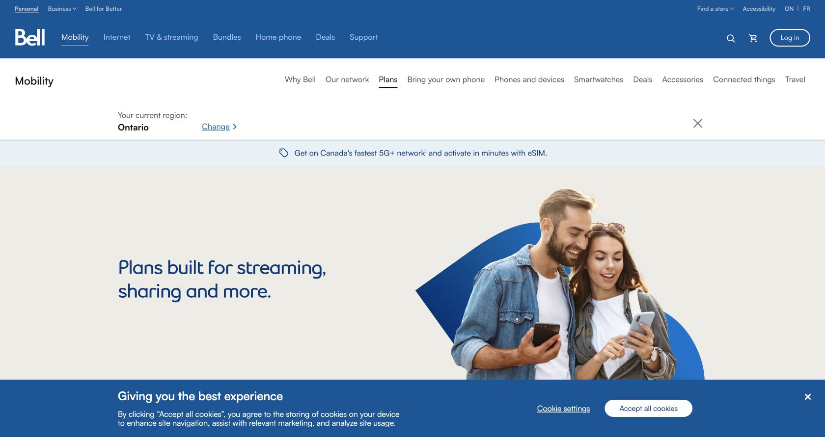 Bell Ontario mobile plan cards showing 100 GB at $55 with Internet bundle, AutoPay and promotional credits