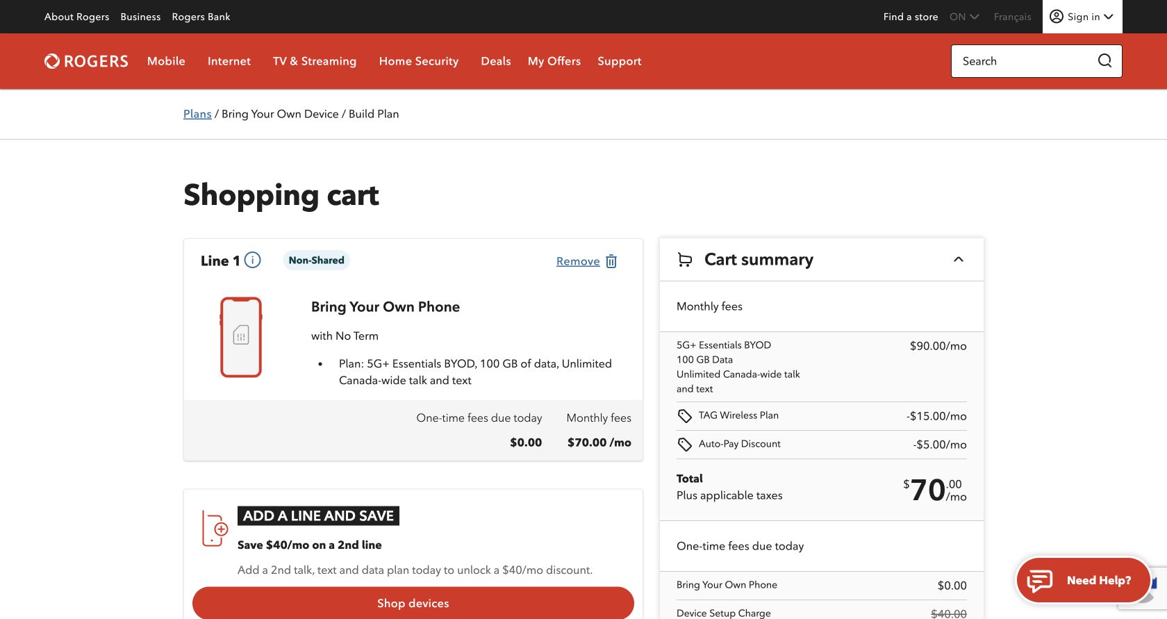 Rogers BYOD cart itemising a $90 plan, $15 promotional credit and $5 Auto-Pay credit for a $70 monthly total