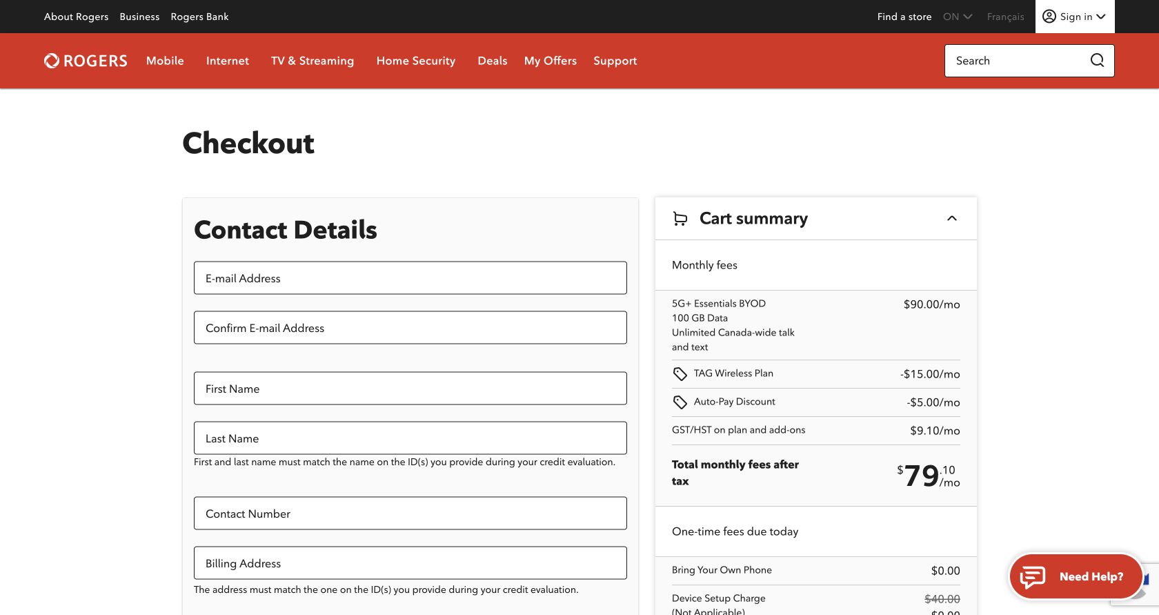 Rogers checkout contact form with a $79.10 monthly total after Ontario tax and no one-time amount due