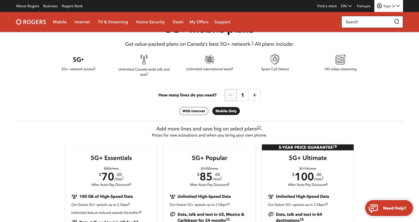 Rogers 5G+ Essentials plan in Mobile Only mode showing $70 after Auto-Pay for 100 GB