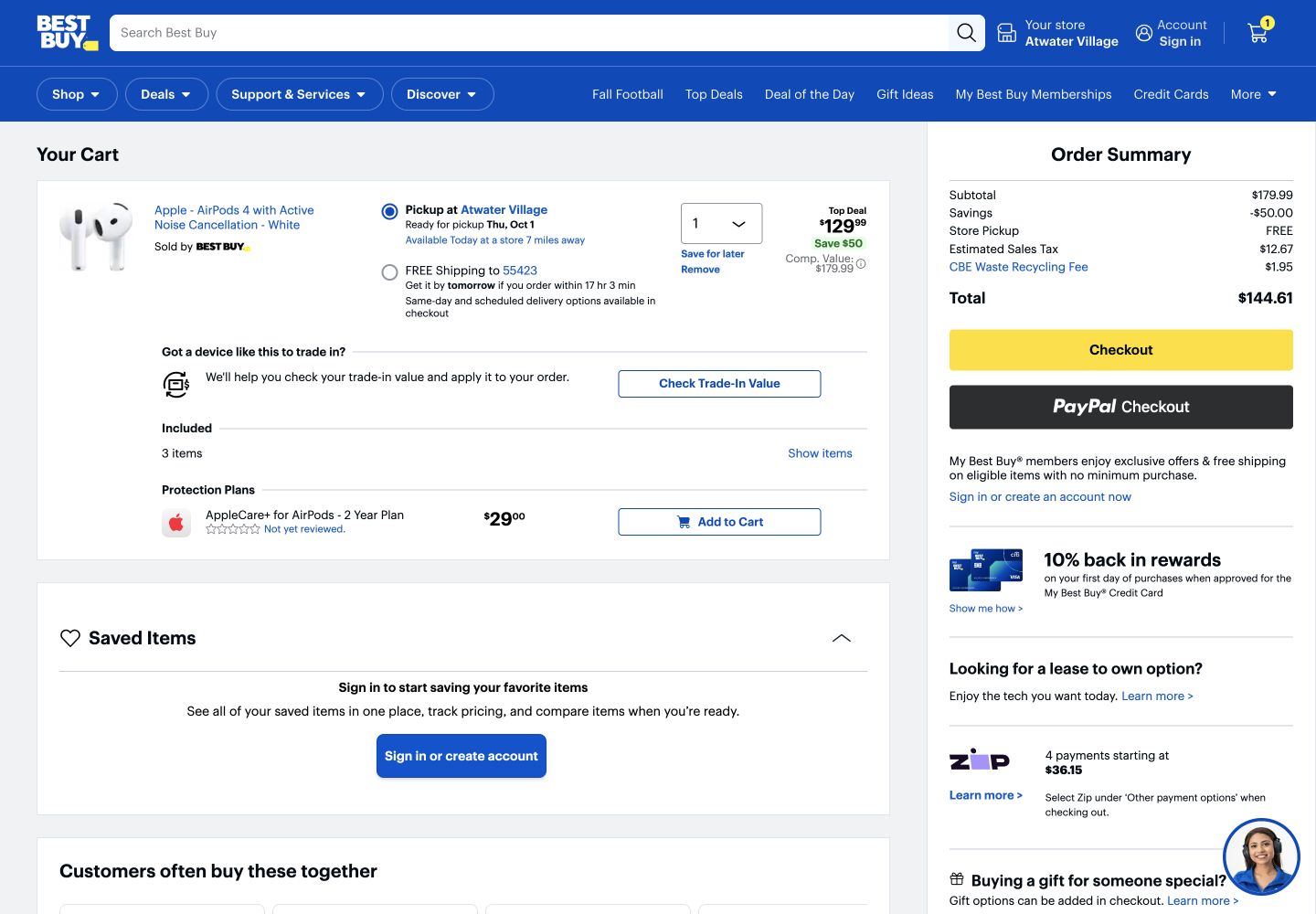 Best Buy cart showing AirPods pickup, a 50 dollar saving, tax, recycling fee and 144 dollar 61 cent total