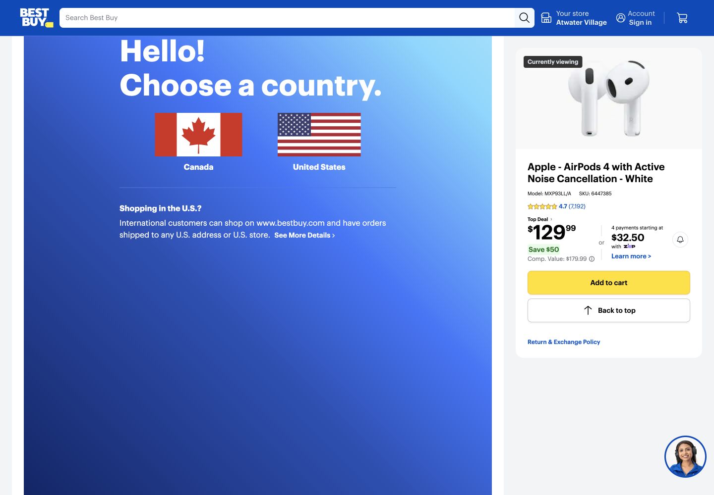 Best Buy AirPods 4 with Active Noise Cancellation product page showing the sale price and Los Angeles pickup option
