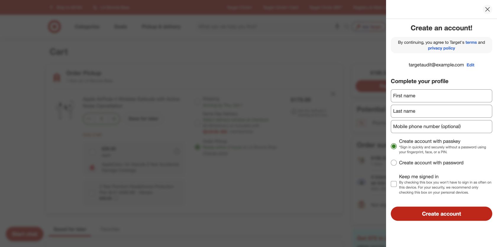 Target cart covered by a Create an account panel requiring a profile before checkout
