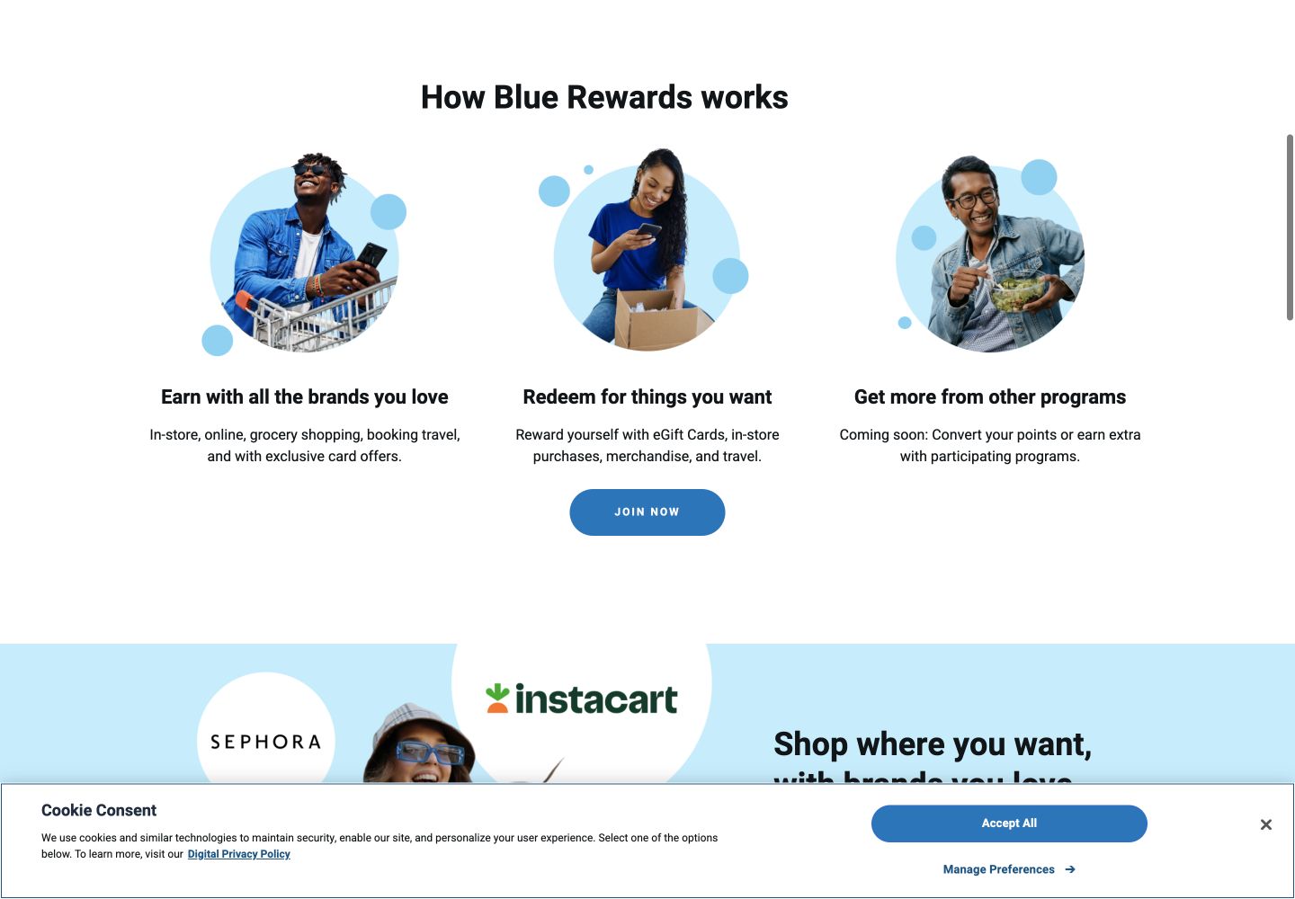 Blue Rewards explanation of earning with brands and redeeming for gift cards, purchases, merchandise and travel