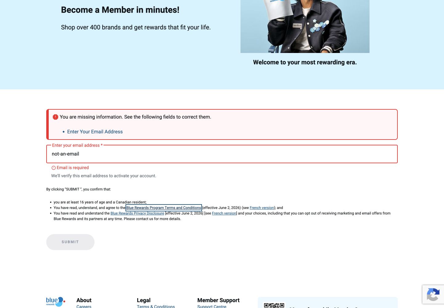 Blue Rewards join form containing not-an-email while the message incorrectly says Email is required