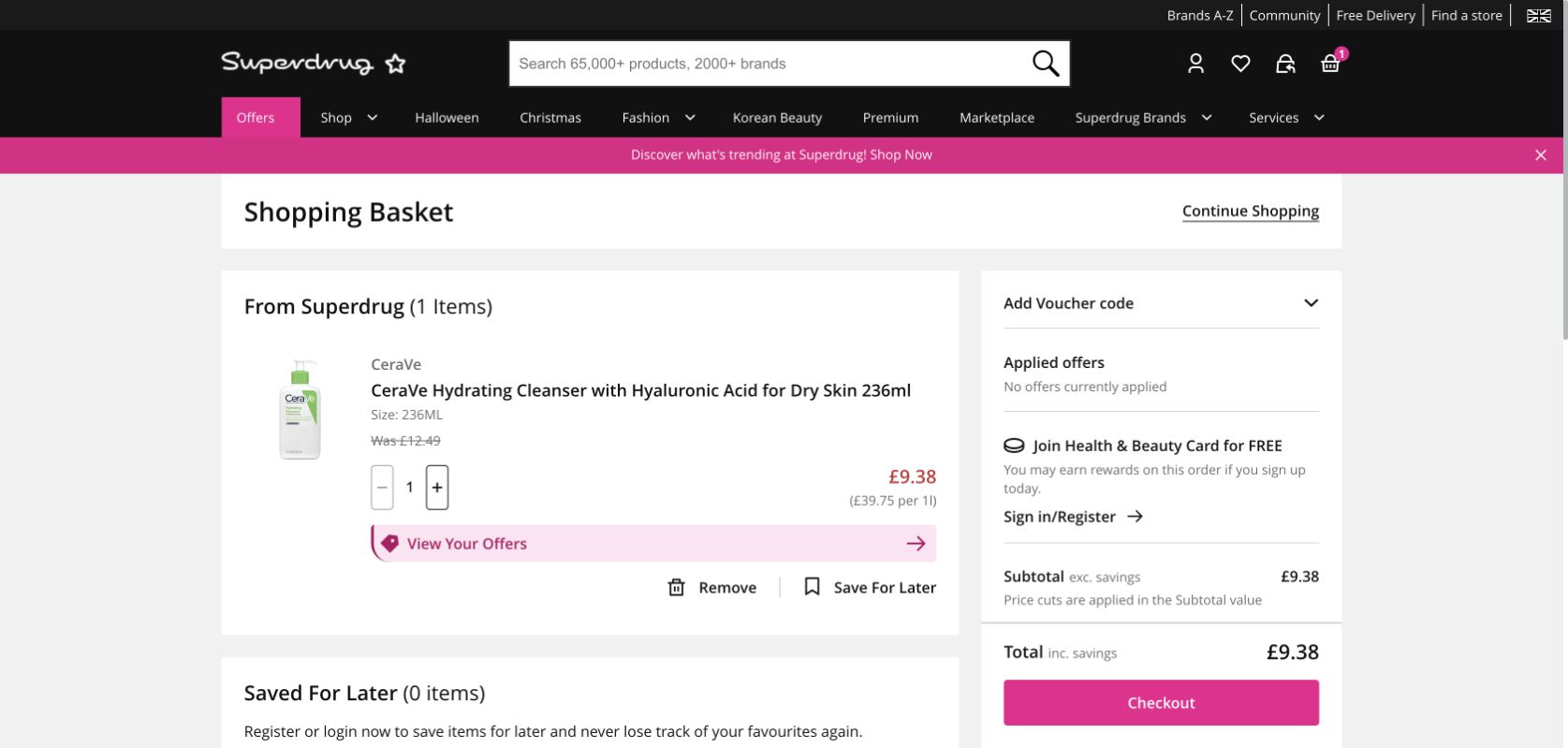 Superdrug basket showing the cleanser at £9.38 and shipping calculated in the next step