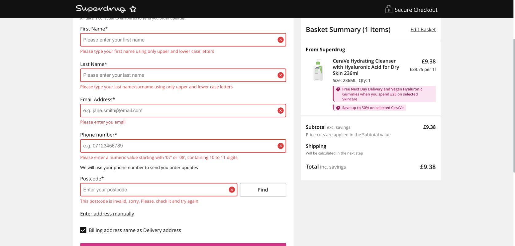 Superdrug guest checkout showing specific required-field errors for contact and delivery details