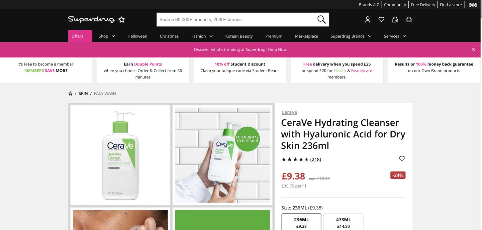 Superdrug product page showing CeraVe Hydrating Cleanser 236ml at £9.38