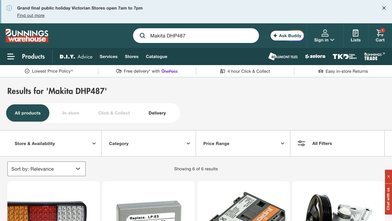 Bunnings results for Makita DHP487 showing six unrelated marketplace products instead of a drill