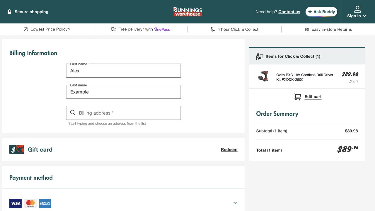 Bunnings checkout payment step showing billing information and payment method choices for an $89.98 click and collect order