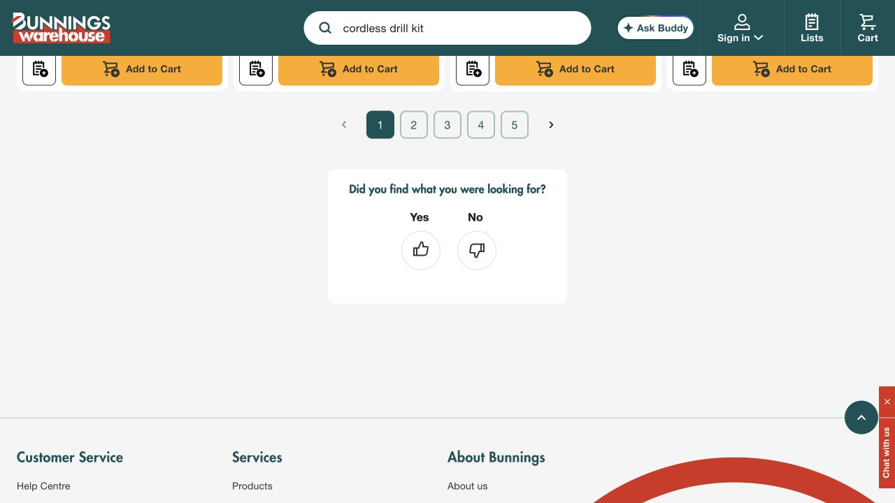 Bunnings search results for cordless drill kit showing entry-level Ozito and XU1 options with prices and ratings