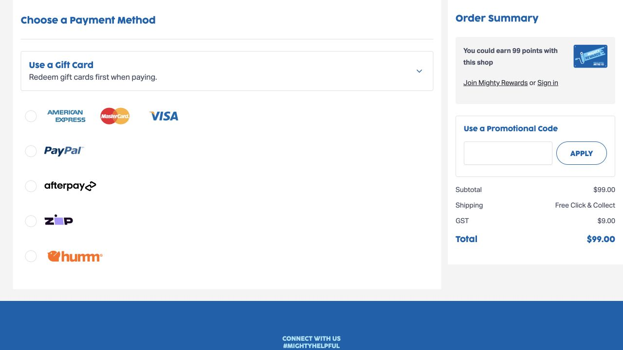 Mitre 10 checkout at the payment step showing South Geelong collection, billing details and a $99 order total