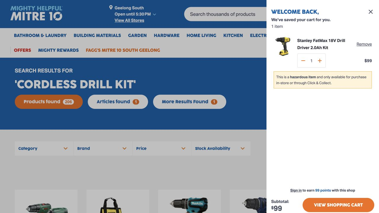 Mitre 10 search results for cordless drill kit with product, brand, price and stock filters and several 18V kits