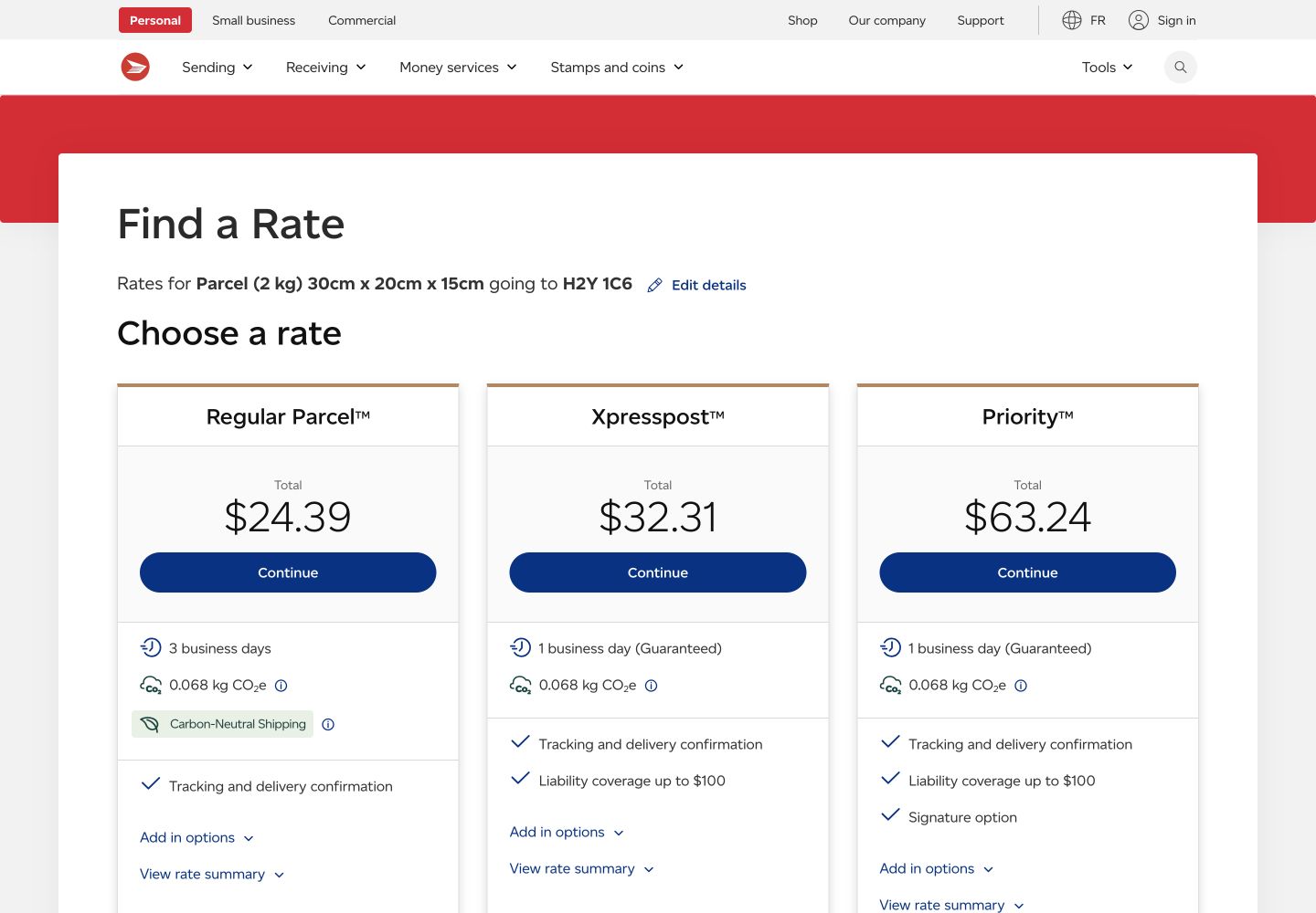Canada Post rate comparison for a 2 kg parcel showing Regular Parcel, Xpresspost and Priority prices and delivery times
