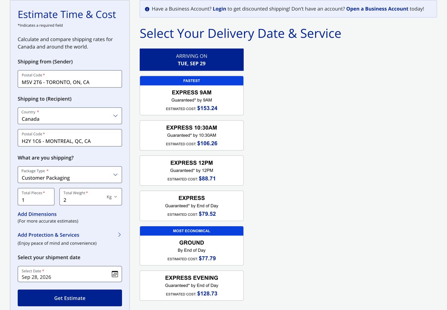 Purolator guest estimate showing Toronto and Montréal postcodes, 2 kg weight and six next-day service prices
