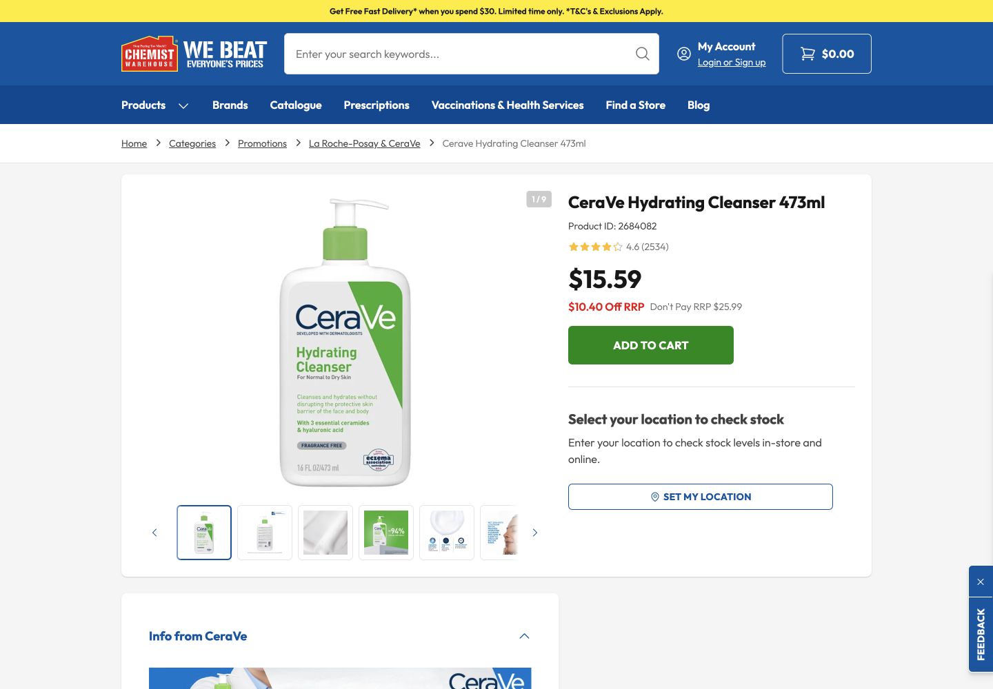 Chemist Warehouse product page showing CeraVe Hydrating Cleanser 473mL at $15.59