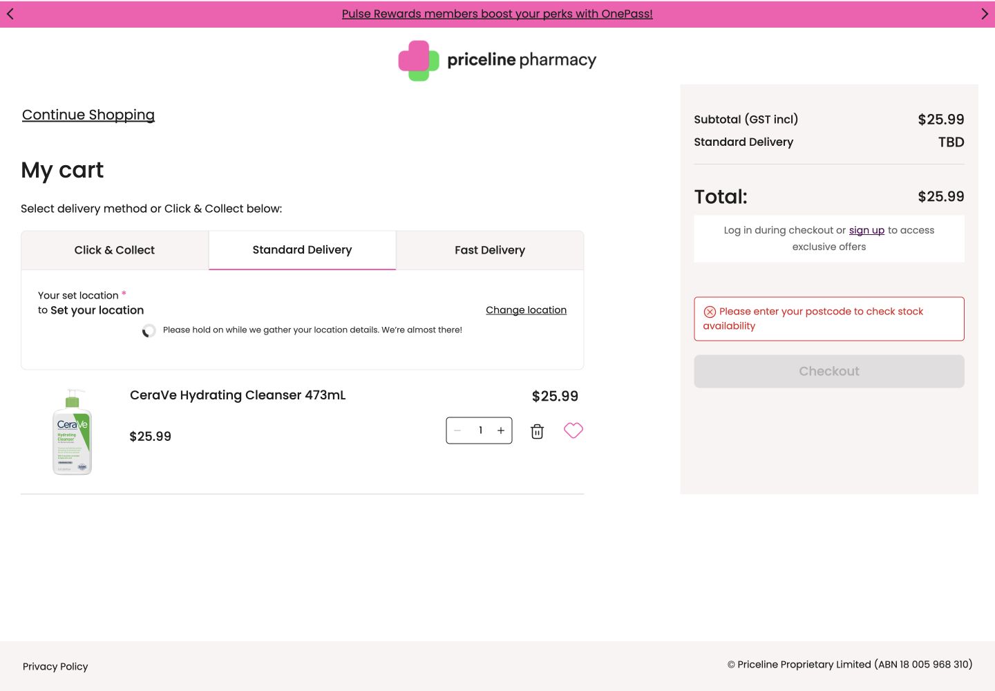 Priceline cart showing a lost store location, persistent loading message and disabled checkout