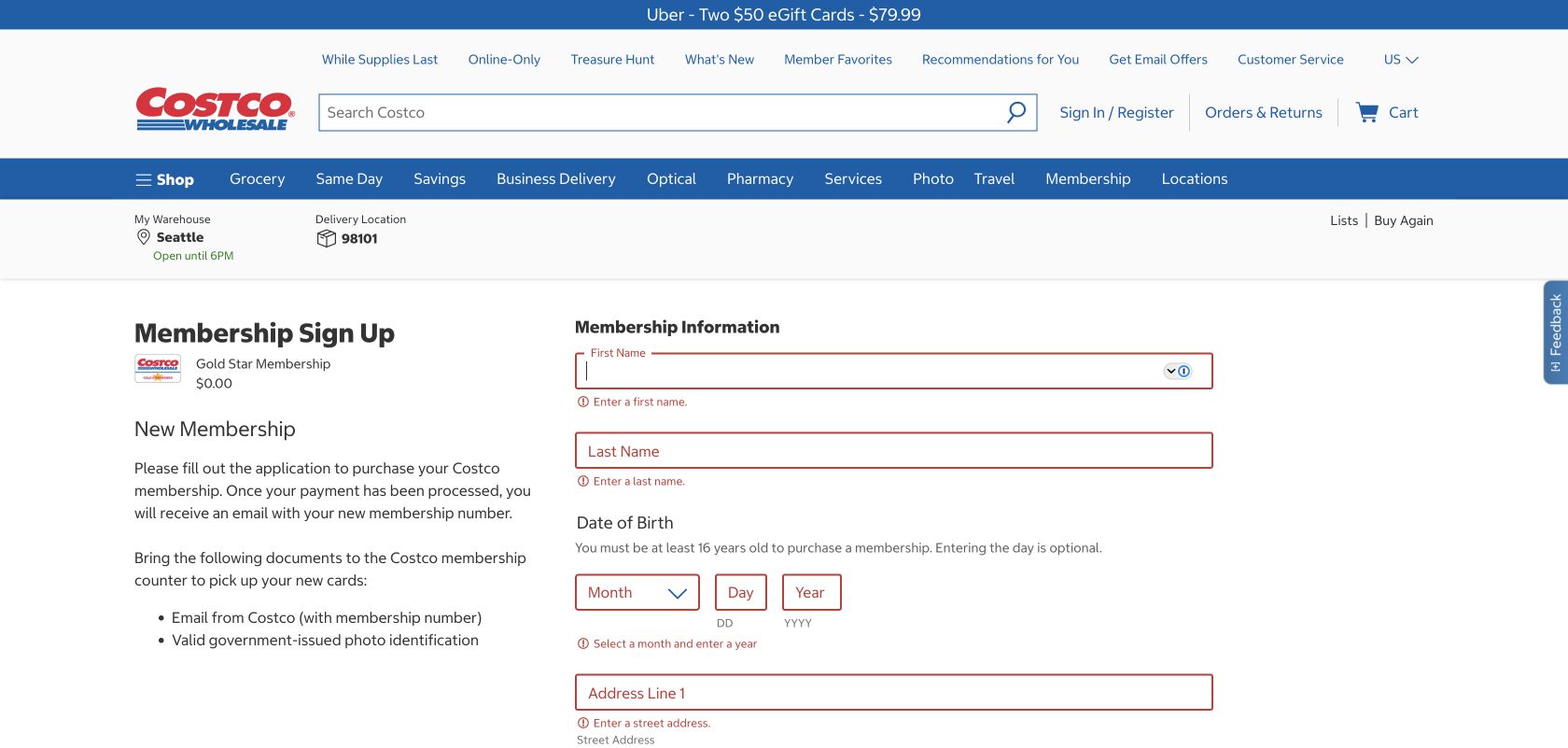 Costco Gold Star application showing required-field errors and a zero-dollar summary