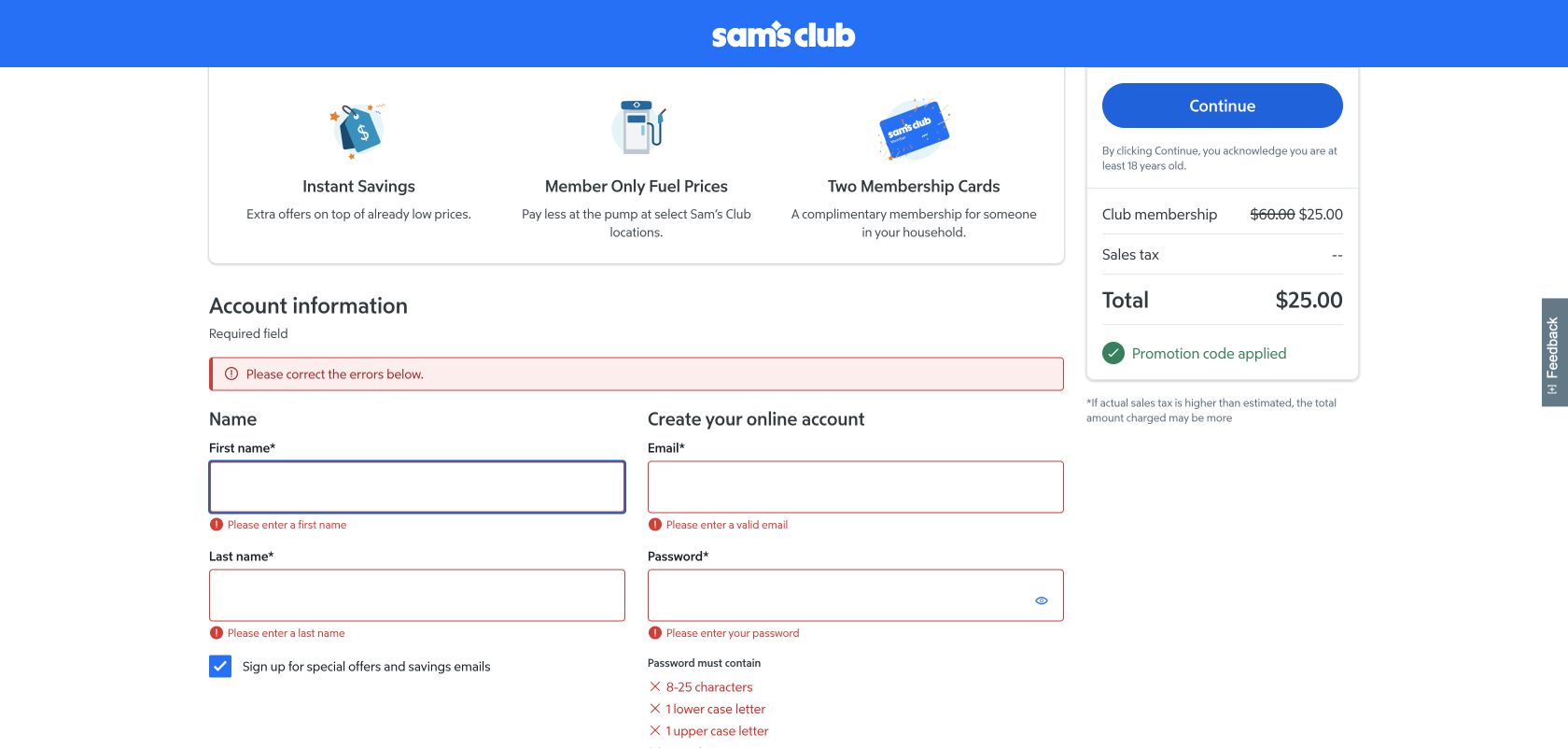 Sam’s Club membership application showing a page-level error summary, inline messages and the $25 promotional total