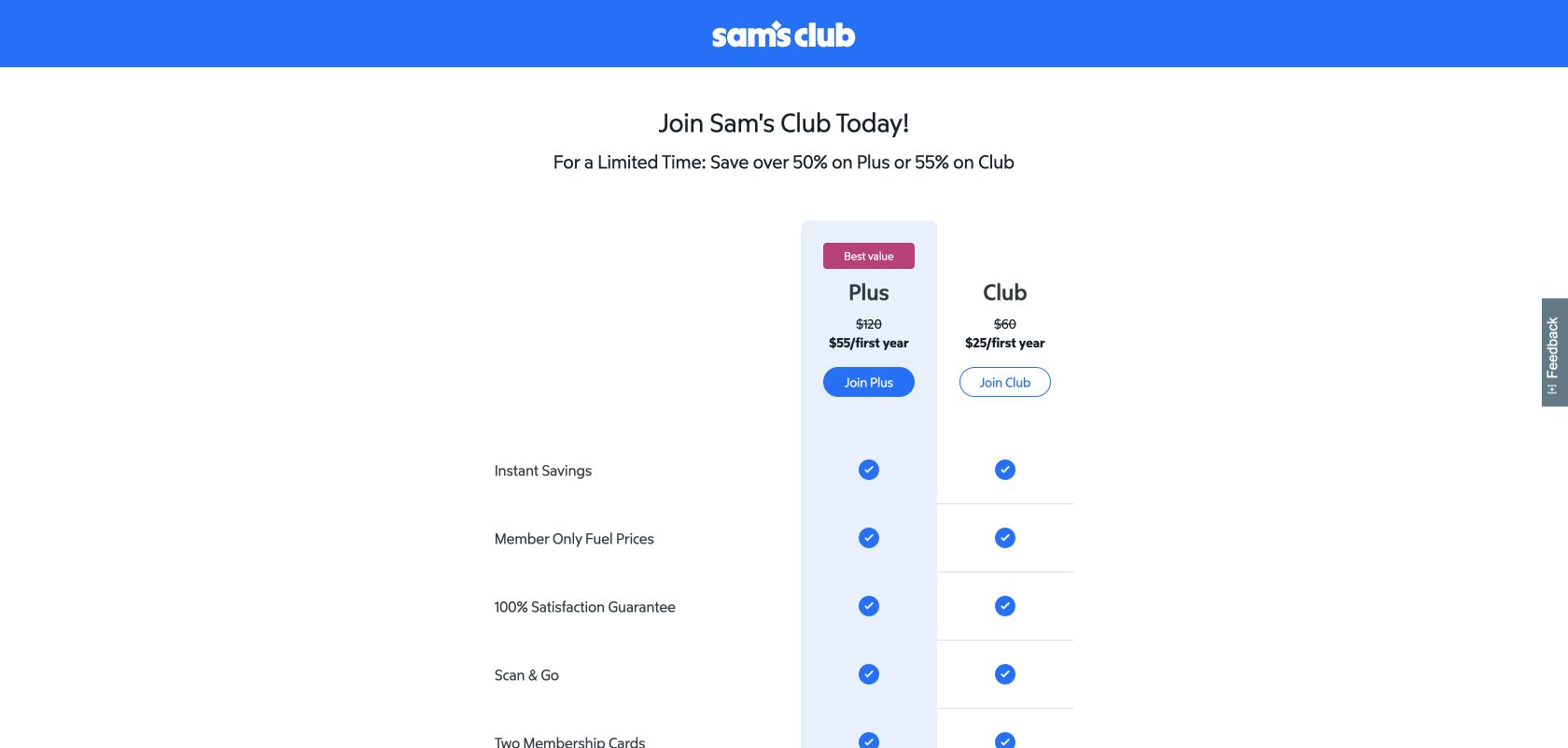 Sam’s Club membership page comparing the Club and Plus plans and their first-year promotional prices